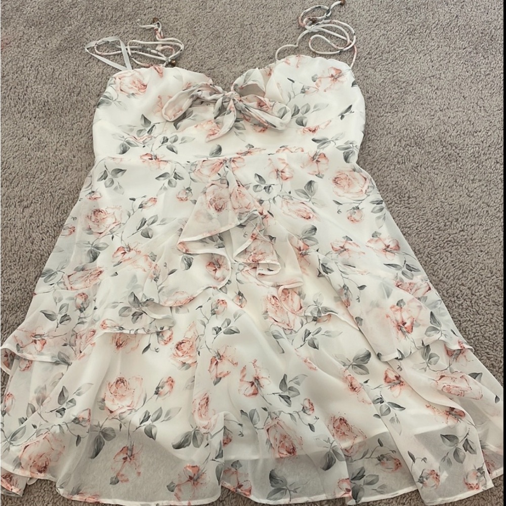 White pink floral mini ruffle dress